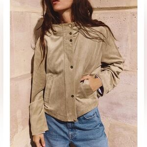 Zara Faux Suede Beige Utility Jacket with Gold Buttons Size XS